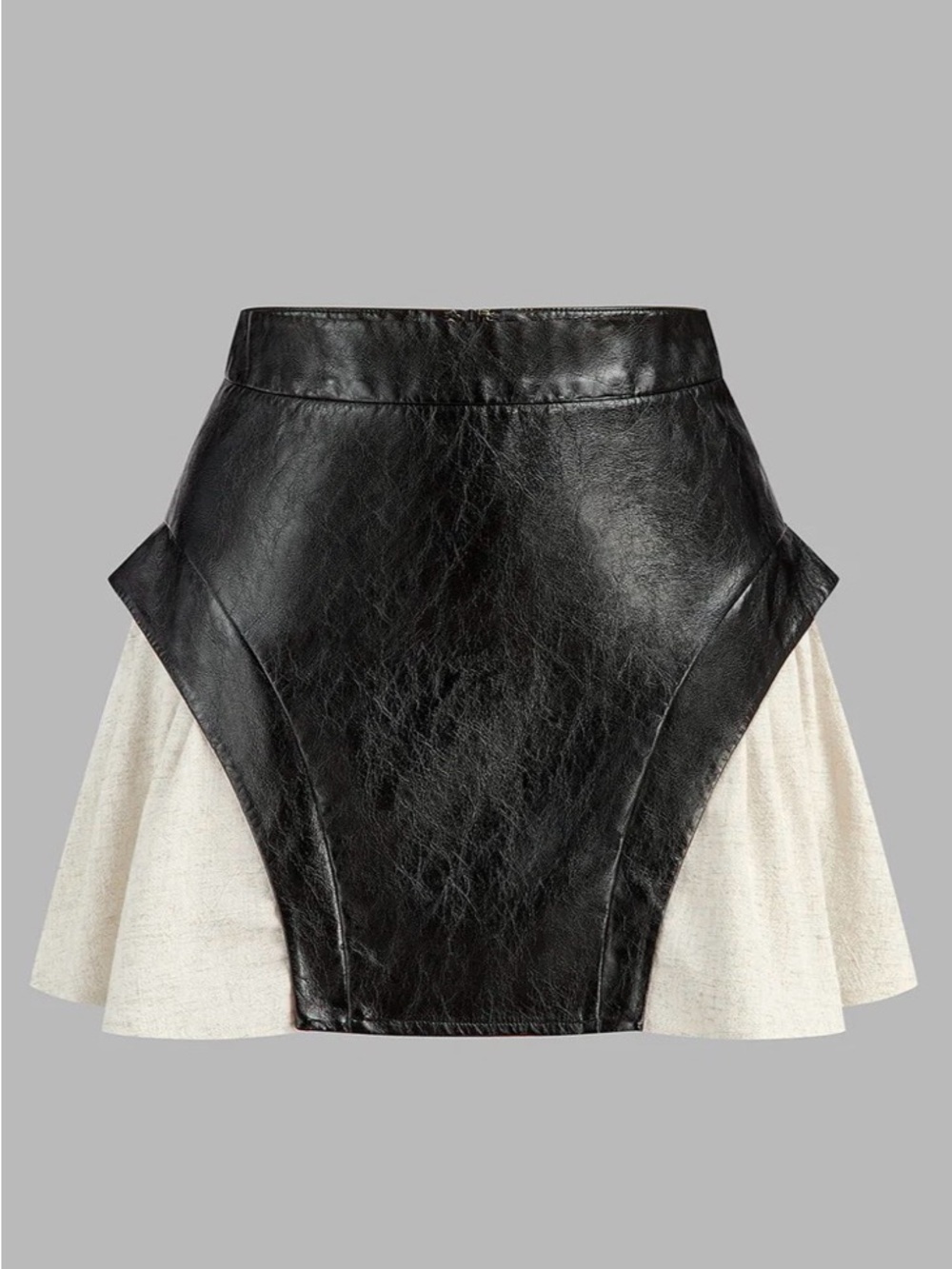 Commense Black Faux Leather Mini Skirt with Cream Side Panels
